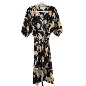 Maison Du Soir Anthropologie Selena Floral Kimono Robe Black Gold Women Size S/M